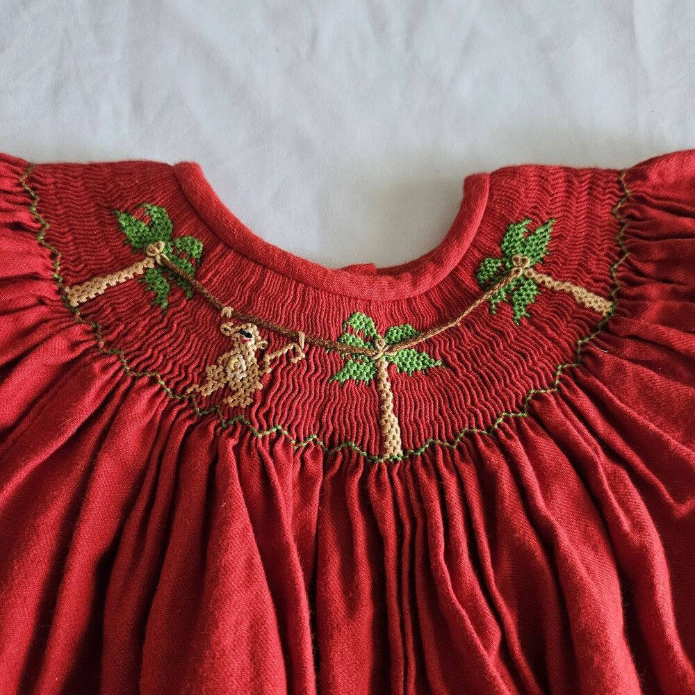 Vintage Silly Goose Hand Smocked Monkey Palm Tree Dress Red Green Ricrac 24M - Picture 2 of 10